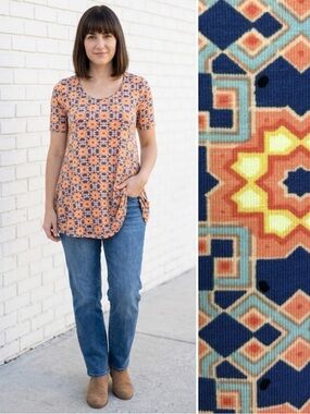 LulaRoe XS Blue Yellow Orange Geometric Star Perfect Tee Knit T Top shirt